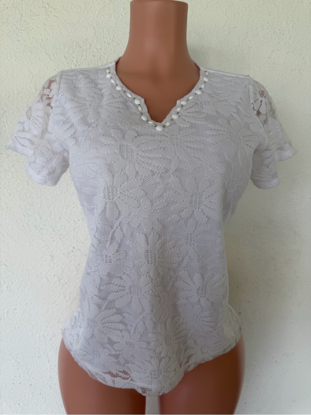 Alfred Dunner White Lace Short Sleeve Top with Pearl Accents